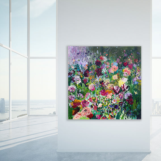 Color-Fields-flowering-song-of-infinite-abundance-Lies-Goemans-painting-flower-schilderij-floral-120x120cm-interior