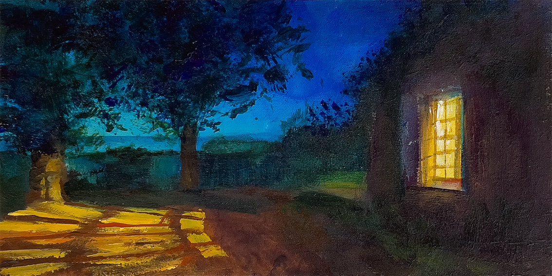 nocturnal painting-lies goemans-20x10cm-house-window-light-night-france