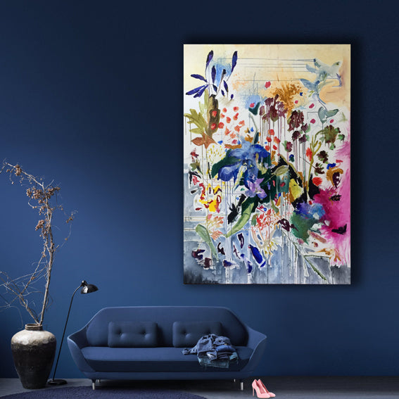 FloralPoetry-fun-of-being-colour-Lies-Goemans-painting-flower-schilderij-floral-150x100cm-interior-impression-blue