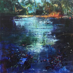 Waterstories-whispers-blue-light-evening-fall-Lies-Goemans-waterscape-painting-40x40cm-basis