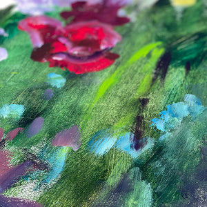 Color-Fields-flowering-song-of-infinite-abundance-Lies-Goemans-painting-flower-schilderij-floral-120x120cm-detail-at-work