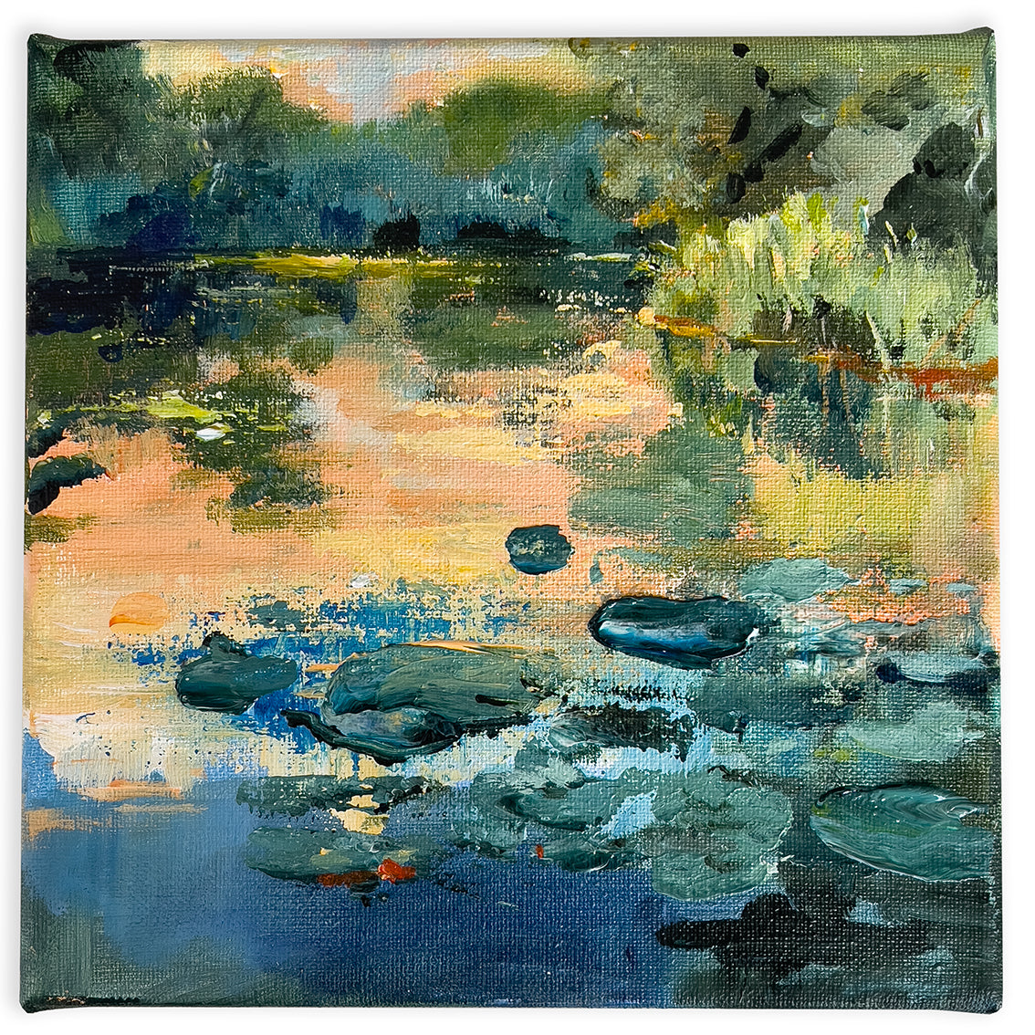 Morning-Meditation-Lies-Goemans-waterscape-painting-20x20cm-basis-on-white