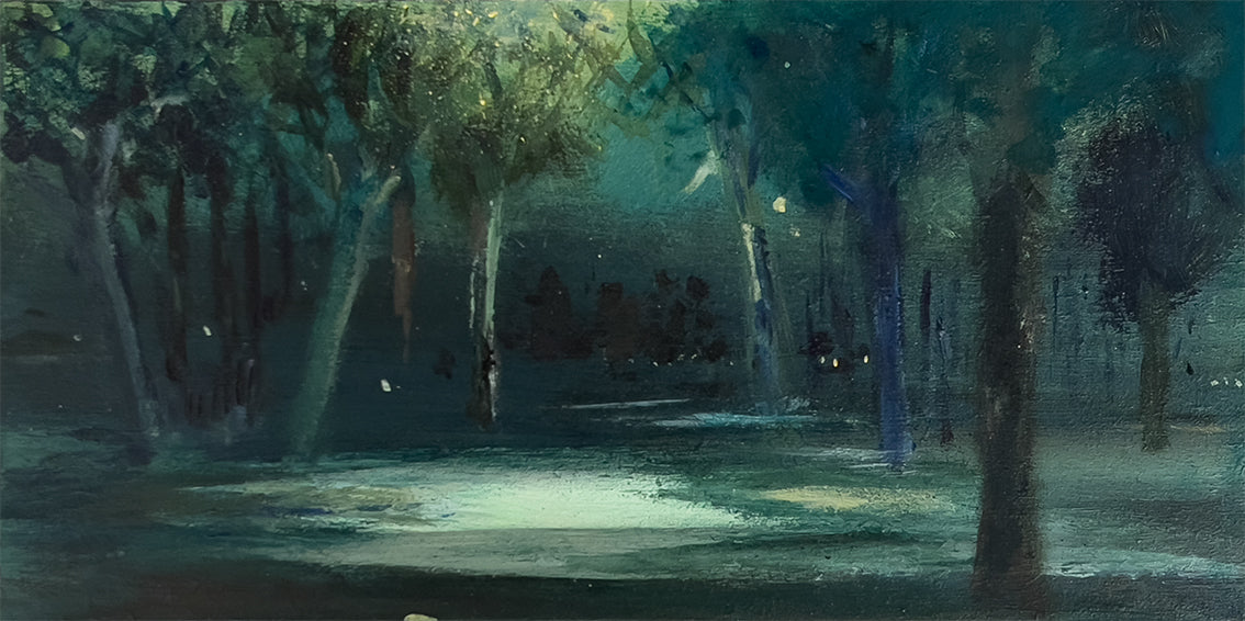 Nocturnal-never-alone-in-the-woods-Lies-Goemans-20X10cm-painting-nocturnal-landscape-klein-schilderij-basis