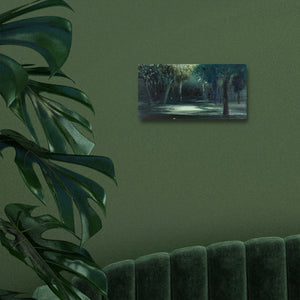 Nocturnal-never-alone-in-the-woods-Lies-Goemans-20X10cm-painting-nocturnal-landscape-klein-schilderij-interior