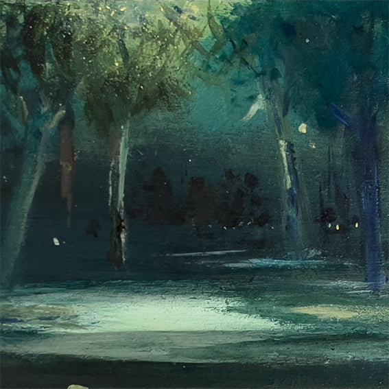 Nocturnal-never-alone-in-the-woods-Lies-Goemans-20X10cm-painting-nocturnal-landscape-klein-schilderij-detail