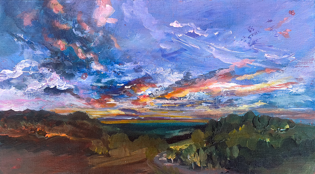 Walking-On-Clouds-Pink-Clouds-Floating-Off-sky-Lies-Goemans-45X25cm-painting-cloud scape-landschap