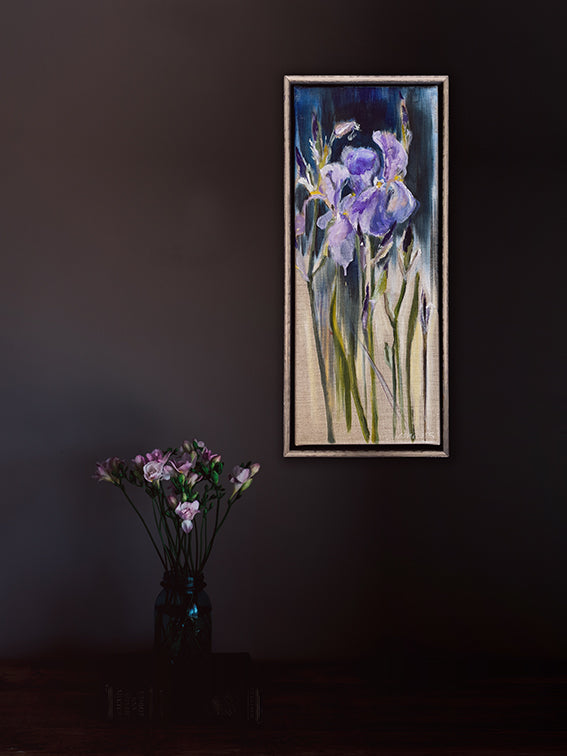series-Botanical-story-Purple-Rain-Lies-Goemans-20x50cm-flower-painting-floral-flower-iris-bloemschilderij-interior-dark