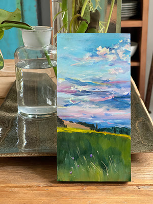 series-In The Clouds-First-Sunflowers-sky-Lies-Goemans-10X20cm-painting-cloud scape-landschap-interior