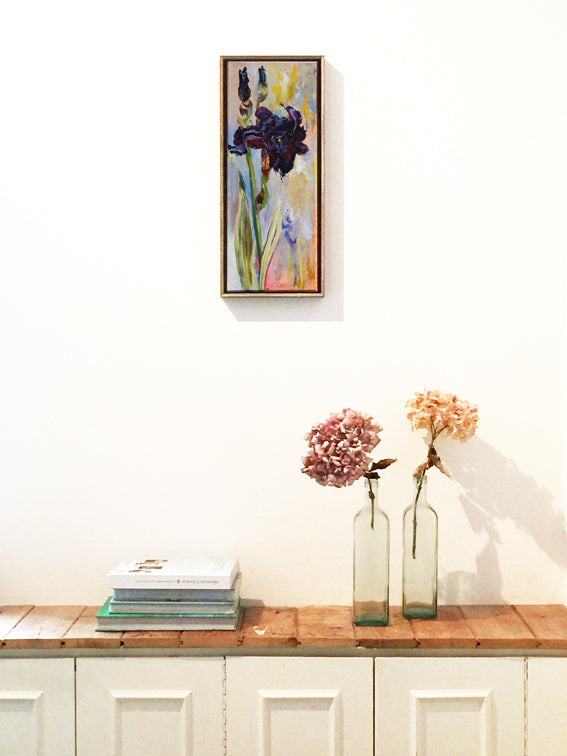 Botanical-Beauty-series-Dark-Purple-Lady-Lies-Goemans-20x50cm-flower-painting-floral-flower-iris-bloemschilderij-interior