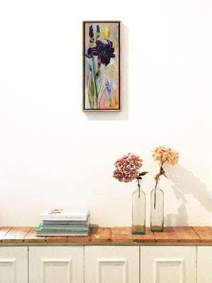 Botanical-Beauty-series-Dark-Purple-Lady-Lies-Goemans-20x50cm-flower-painting-floral-flower-iris-bloemschilderij-interior