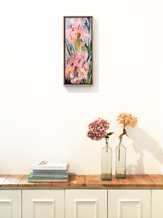 Botanical-Beauty-series-lush-and-wild-Lies-Goemans-20x50cm-flower-painting-floral-flower-iris-bloemschilderij-interior
