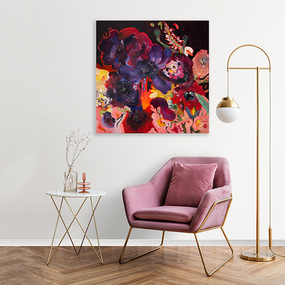 FloralPoetry-stay-in-your-magic-Lies-Goemans-painting-flower-schilderij-floral-100x100cm-interior-2