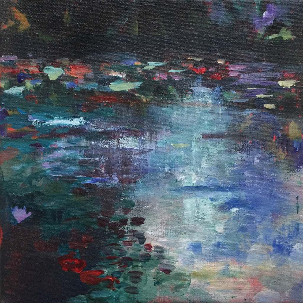 Red Water Lily Leaves-Lies Goemans-waterscape-painting 20x20cm