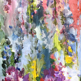 Botanical-Story-series-Summergarden-with-purple-irises-Lies-Goemans-20x50cm-flower-painting-floral-flower-iris-bloemschilderij