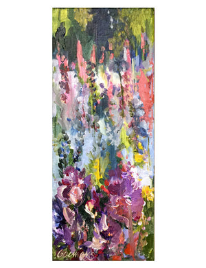 Botanical-Story-series-Summergarden-with-purple-irises-Lies-Goemans-20x50cm-flower-painting-floral-flower-iris-bloemschilderij