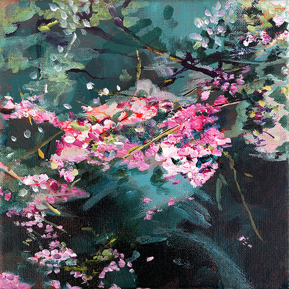 Waterstories-whispers-Blossom-Water-Pops-Of-Pink-Lies-Goemans-waterscape-painting-20x20cm-basis
