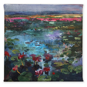 Waterstories-whispers-ruby-lotus-bay-Lies-Goemans-waterscape-painting-20x20cm-on-white