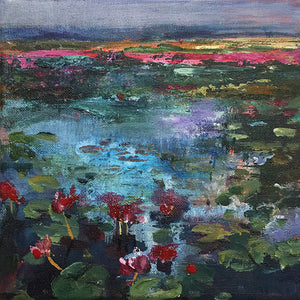 Waterstories-whispers-ruby-lotus-bay-Lies-Goemans-waterscape-painting-20x20cm-basis