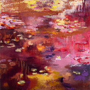 Waterstories-whispers-sunset-over-pink-waterlily-lake-Lies-Goemans-waterscape-painting-20x20cm-basis