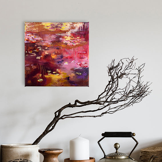 Waterstories-whispers-sunset-over-pink-waterlily-lake-Lies-Goemans-waterscape-painting-20x20cm-interior 2