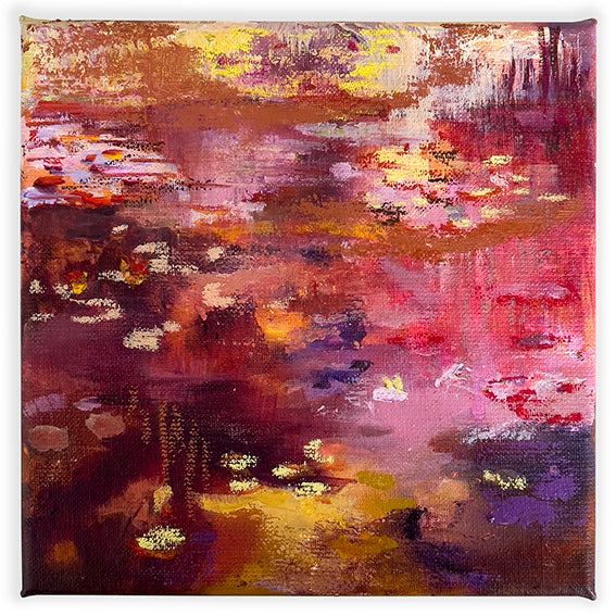Waterstories-whispers-sunset-over-pink-waterlily-lake-Lies-Goemans-waterscape-painting-20x20cm-basis on white