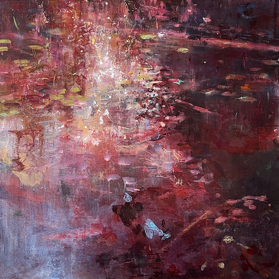 waterscape, painting, warm red, bourgondy, lies goemans, sparkle, shine,what lies beneath 41