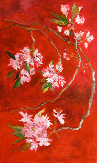 pink cherry blossom on red background, big interior painting by Lies Goemans 'Oriental Cherry' vertical view