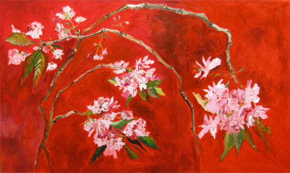 pink cherry blossom on red background, big interior painting by Lies Goemans 'Oriental Cherry' lies-goemans-paintings-oriental-cherry-200x120-floral-kersenbloesem schilderij rood